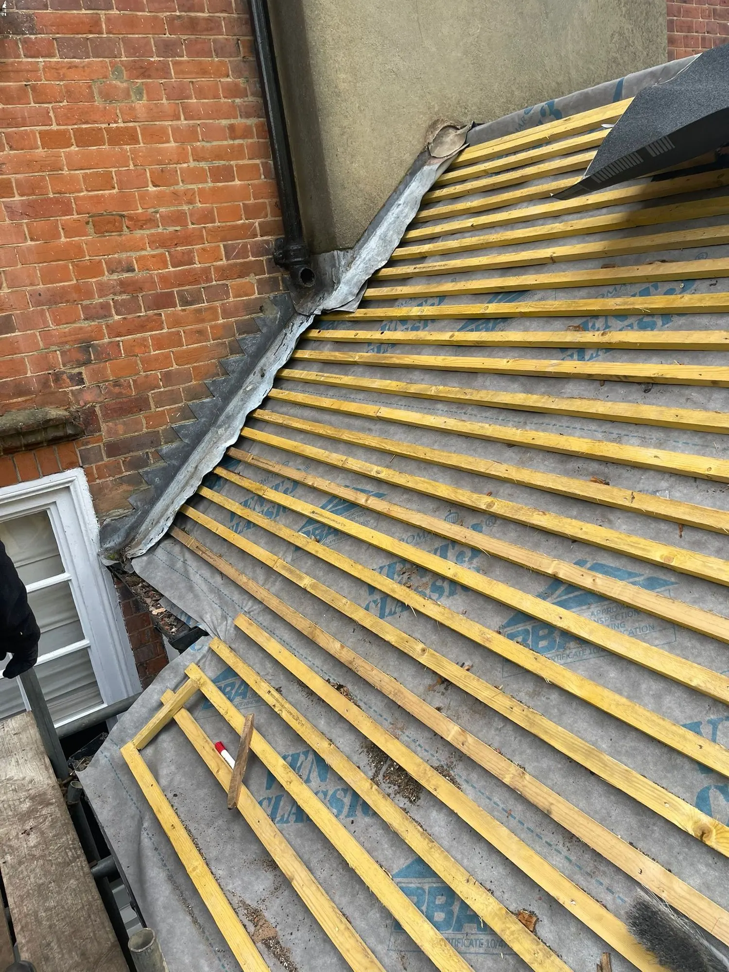 Roof battens fitted ready for tiles
